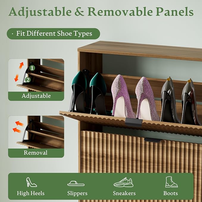 Xixini Shoe Storage Cabinet for Entryway with 3 Flip Drawers & Bench, Slim Wood Shoe Organizer with Modern Fluted Panel, Freestanding Narrow Shoe Rack for Front Door Entrance, Hallway, Foyer, Walnut