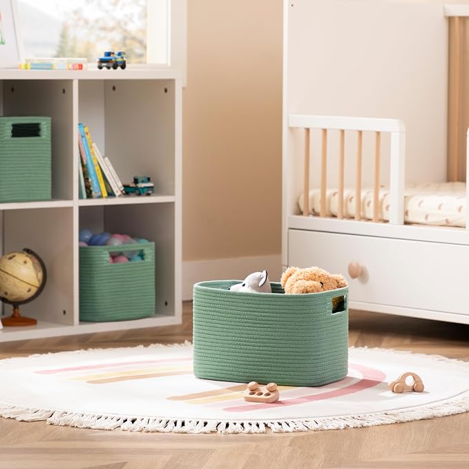 4 Pack Storage Baskets for Organizing, Shelf Baskets with Handles, Green | 14.5"L x 9.8"W x 9"H, Woven Basket, Cotton Rope Basket, Toy Storage, Cube Shelf, Gift Baskets Empty, Home Decor
