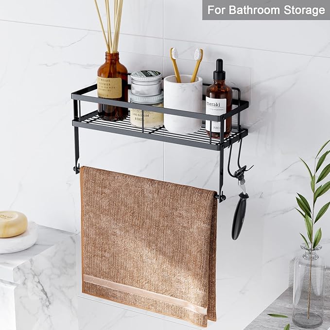 ESOW Paper Towel Holder Wall Mount with Shelf, Adhesive, Matte Black Metal | Stainless steel 2in1 holder shelf fits large rolls Strong adhesive holds 11 lbs For kitchen bathroom RV camper small spaces