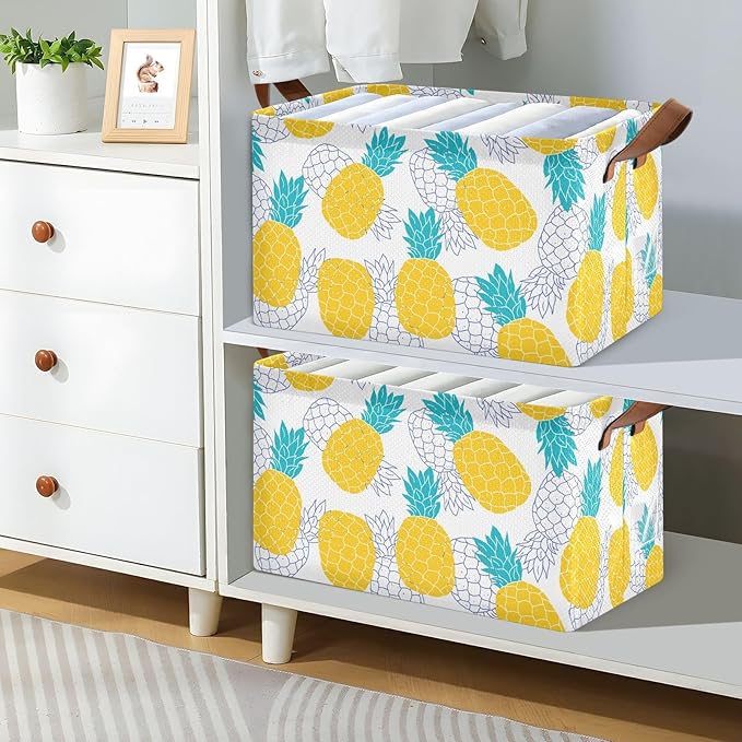 Aqua Blue and Yellow Pineapple Storage Basket Foldable Cube Storage Bins with Handles&Label Waterproof Organizer Box Bin Large Rectangle Decorative Baskets for Shelves Home Room Laundry-2 Pack