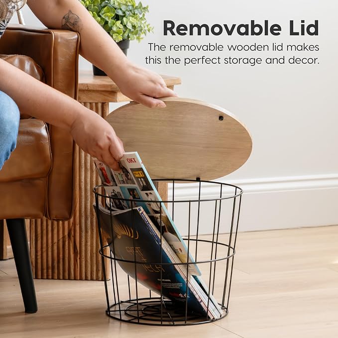IRIS USA Round Wire Basket with Wooden Lid, 2 Pack | Living Room Bathroom Kitchen Storage, Water Resistant Surface