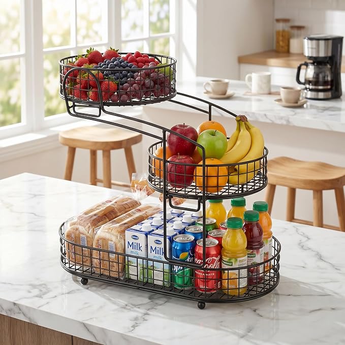 KMV Metal 3-Tier Fruit Basket Vegetable Storage Basket for Kitchen Counter, Detachable Organizer for Bread Snack Produce (Black)