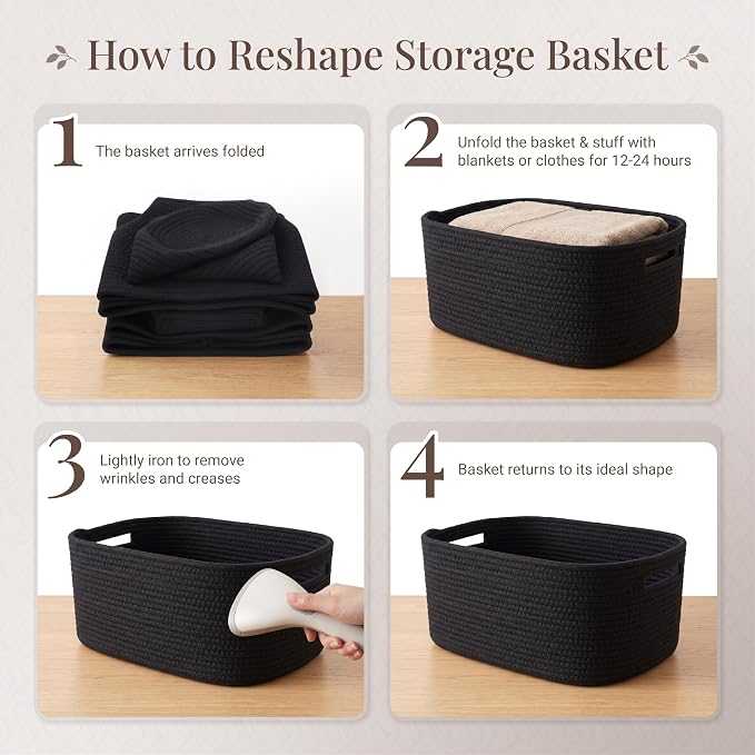 4-Pack Large Woven Rope Storage Baskets, 2 Sizes Organizer Bins | Fabric Cube Boxes and Rectangular Shallow Bins for Closet, Shelf, Bookshelf, Nursery, Changing Table, Bathroom, Toys & Home