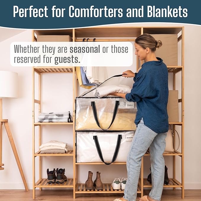 VENO 2 Pack Heavy Duty Moving Bags, Clear Storage Bags for Clothes and Comforters, College Dorm Essentials Packing Supplies, Foldable Boxes Alternative (Clear, 2 Pack)
