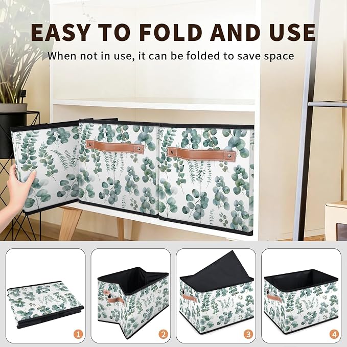Green Eucalyptus Leaves Closet Storage Bin, Foldable Storage Baskets for Shelves, Decorative Shelf Organizer Eucalyptus Leaves Fabric Cube Bin for Living Room Bedroom Home Dorm