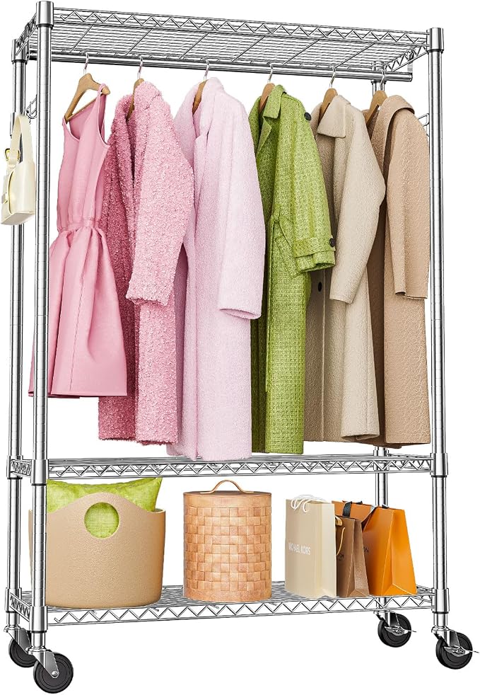 M MZG Heavy Duty Rolling Garment Rack 3 Tiers Adjustable Wire Shelving Clothes Rack with 1 Rods and Side Hooks,Storage Closet Clothing Rack with Wheels Chrome 15.7" D x 45.3" W x 75.6" H