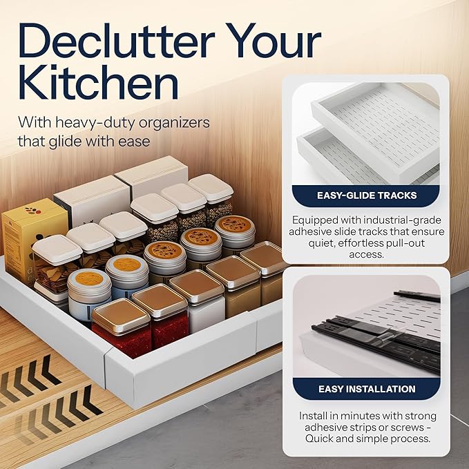Heavy Duty Single Pull Out Cabinet Organizer for Kitchen Drawer or Shelf – Expandable in Width & Depth, Slides Out for Easy Access, Holds up to 50 lbs – 14.3"-22.4" Deep, 15.7"-24" Wide - White