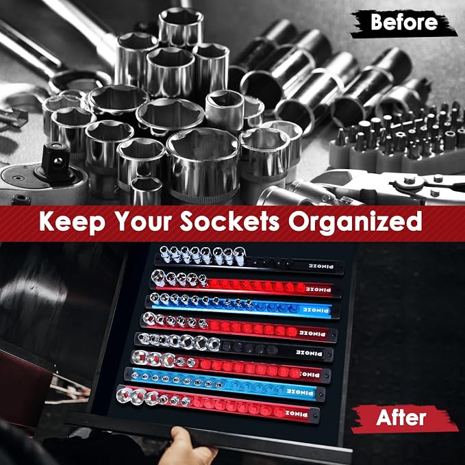 PINOZE 8PCS Magnetic Socket Holder Organizer Set - 1/4, 3/8, 1/2 - Aluminum Alloy Socket Rail Trays for Tool Box Drawer, Socket Rack Kit with 114Pcs Clips for Automotive Garage(Blue Red Black)
