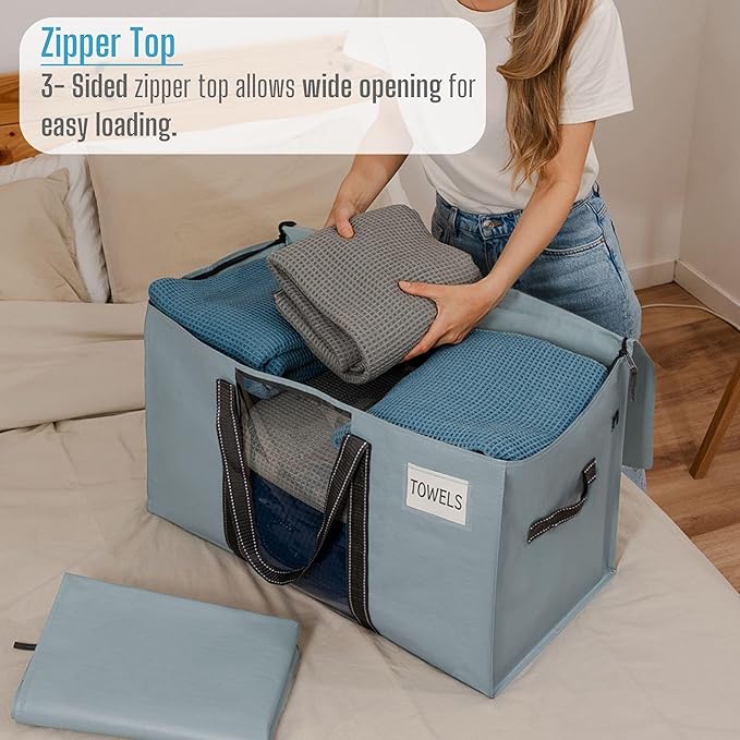 VENO 8 Pack Moving Bags with Clear Window, Heavy Duty Storage Bins with Lid, Around Handles, Tag, Zippers, Extra Large Totes Packing Moving Boxes Supplies for College Dorm Clothes (Light Blue)