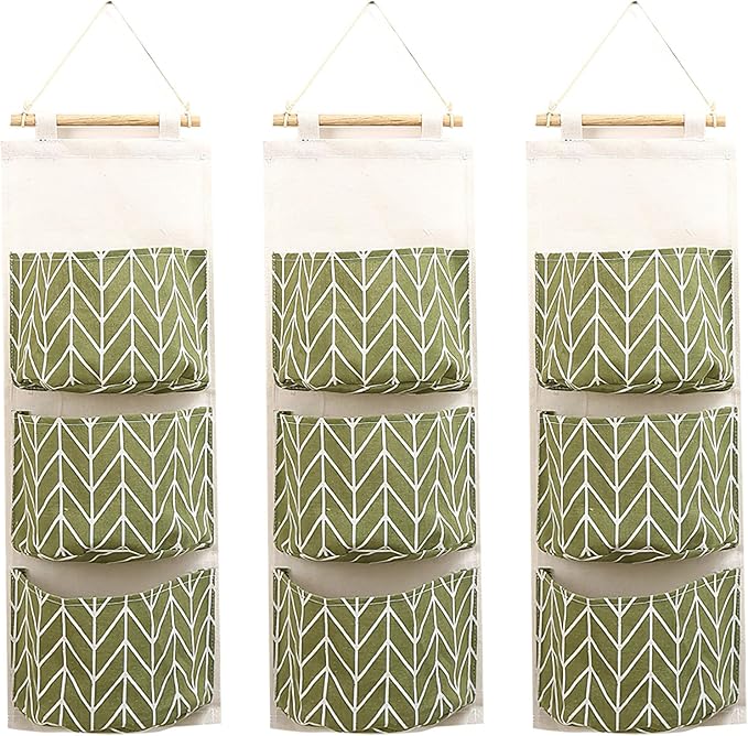 COVRA 3-Pack Wall Hanging Storage Bags – Over-the-Door Organizers with 3 Large Pockets (6.3" × 5.1"), Hanging Closet & Pantry Organizer for Bedroom, Bathroom, Dorm, and More (Green)