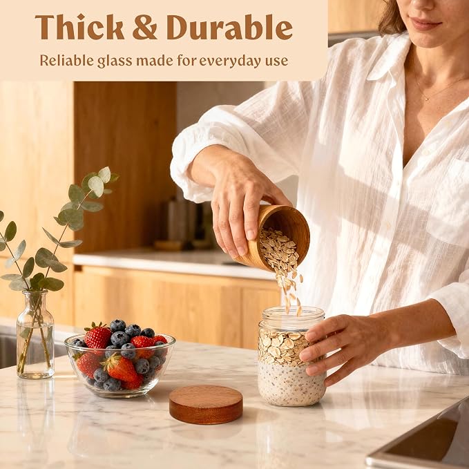 EDELHAUS Overnight Oats Containers with Lids Acacia (4 x 16oz) Glass Jars for Oatmeal, Meal Prep, Food Storage | Leak-Proof Mason Jars for Oats, Cereal, Yogurt, Chia Pudding [Thicker Glass 3mm]