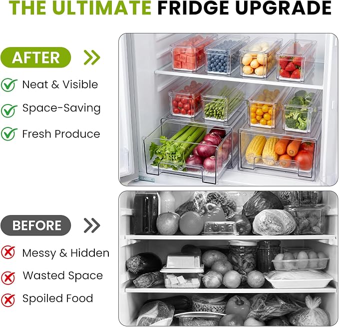 6Pack Fridge Organizers and Storage,Stackable Fridge Organizer Bins with Lids, 2 Pull Out Fridge Organizers and 4 Storage Container with Drain Tray for Fruits, Vegetables, Drinks, Snack and Food