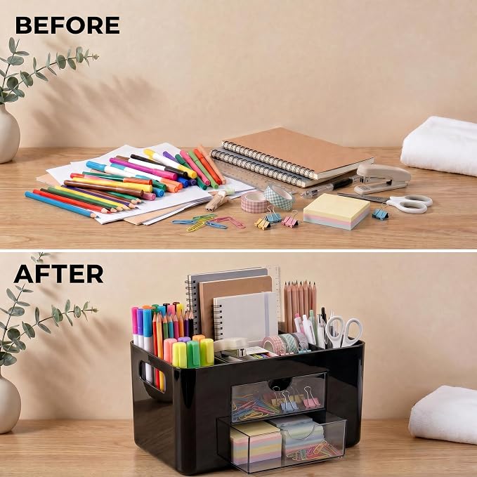 Black Desk Organizer with Drawers, 4 Slots, Side Handles, Pen Holder | Desktop caddy for office supplies, makeup brushes, art & vanity | 5 compartments, 2 pull-out drawers, built-in side handles