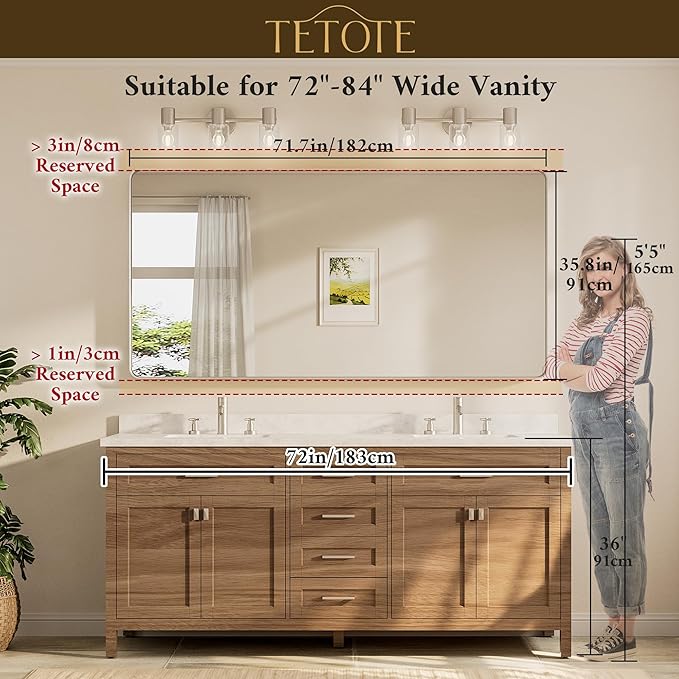 TETOTE 72 x 36 Inch Brushed Nickel Bathroom Mirror for Vanity Metal Framed Mirror Modern Farmhouse for Living Room Entryway(Horizontal/Vertical)