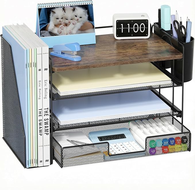 OPNICE Wood Desk Organizers and Accessories, 4-Tier Desktop File Organizer with Drawer and 2 Pen Holders, Office Desk Accessories Workspace Organizers for Office Supplies(Wood)