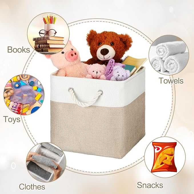 meekoo 8 Pack Collapsible Storage Bins Fabric Storage Bins Polyester Fabric Baskets with Handles Linen Closet Organizer for Shelf Home Closet Towels Toys(11 x 11 x 11 in,Beige)