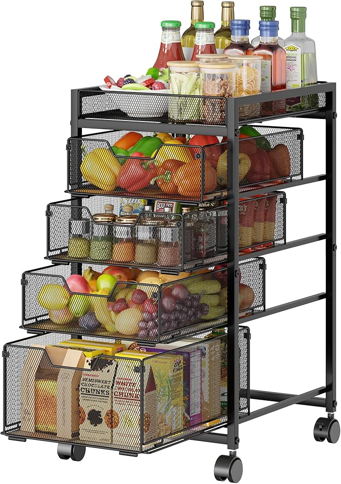 5-Tier Rolling Cart with Drawers & Top Basket, Snack Cart with Wheels | Metal Kitchen Utility Storage Cart - Fruit Vegetable Storage Stand, Kitchen Organization Rack for Cans, Craft, Art, Beauty