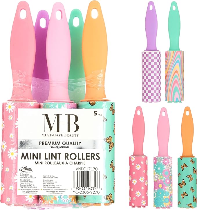 5pc Retro Mini Lint Roller Value Pack - Colorful Compact Rollers for Travel | Pet Hair & Lint Remover for Clothing & Household Use. Portable On-the-Go Lint Removers