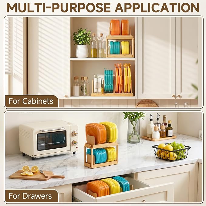 YIGII 2-Tier Bamboo Container Lid Organizer with Dividers for Cabinet | Natural Bamboo, Moisture-Resistant, Removable Dividers, 2-Tier or Separate, for Drawers Countertops, Fits Small to Large Lids
