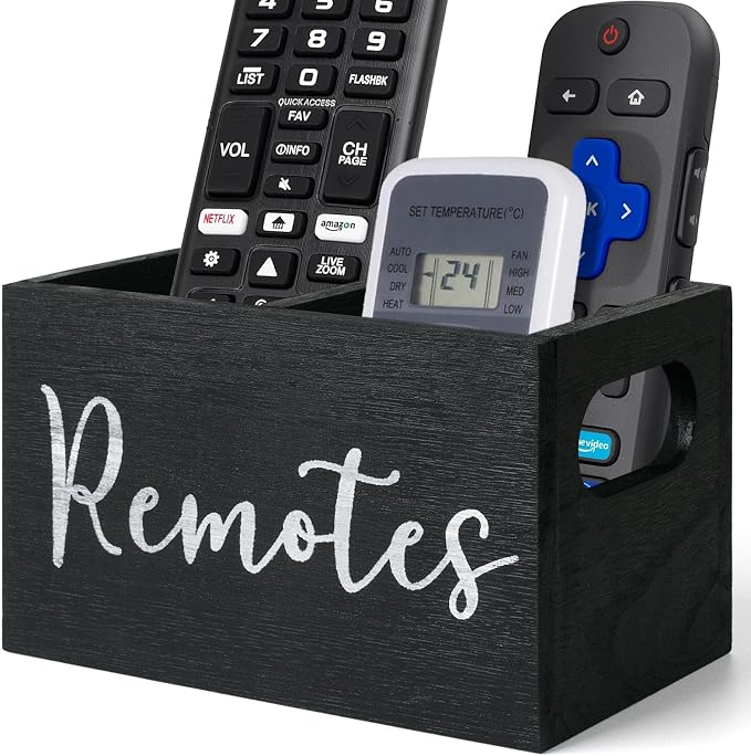 Remote Control Holder, Wooden TV Remote Holder for Table, Remote Caddy Organizer with 2 Compartments, Media Storage Box for Nightstand, Bedside (Black)
