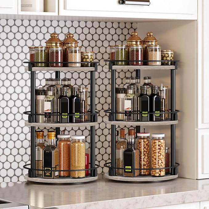 YATINEY Spice Rack, Set of 2 Lazy Susan Organizer, 3-Tier Turntable Organizer, Rotating Spice Rack Organizer For Cabinet, Compact and Versatile, Greige and Black SR23L2BG