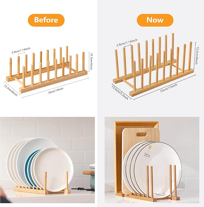 HBlife 4 Packs Heighten and Widen Bamboo Dish Drying Rack Plate Organizer | Plate Bowl Cup Book Pot Lid Cutting Board Stand, Drainer Storage Holder Organizer, For Kitchen Cabinet, 8 Slots