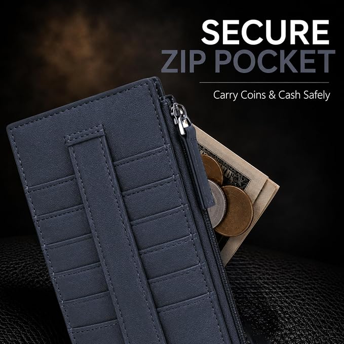 Leatherboss Leather All in One Card Case Holder Slim Wallet With Card Protection Strap, Blue