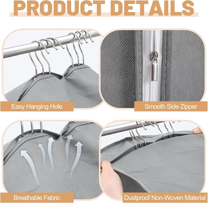 6 Pack Garment Bags for Hanging Clothes, 40"/50"/60" Suit Bags for Open Closet, 10" Gusseted Waterproof Dustproof Clothes Storage Closet, Dress, Coat, Travel (Window Style,Gray)