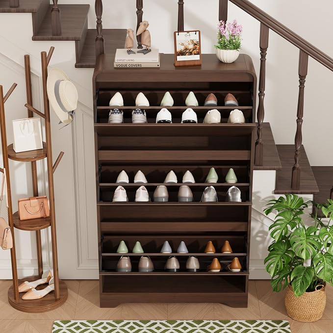 Garvee Hidden Shoe Cabinet, Brown | 3 Flip Drawers, Freestanding, For Entryway, Hallway, Foyer, Modern Design, Small Space