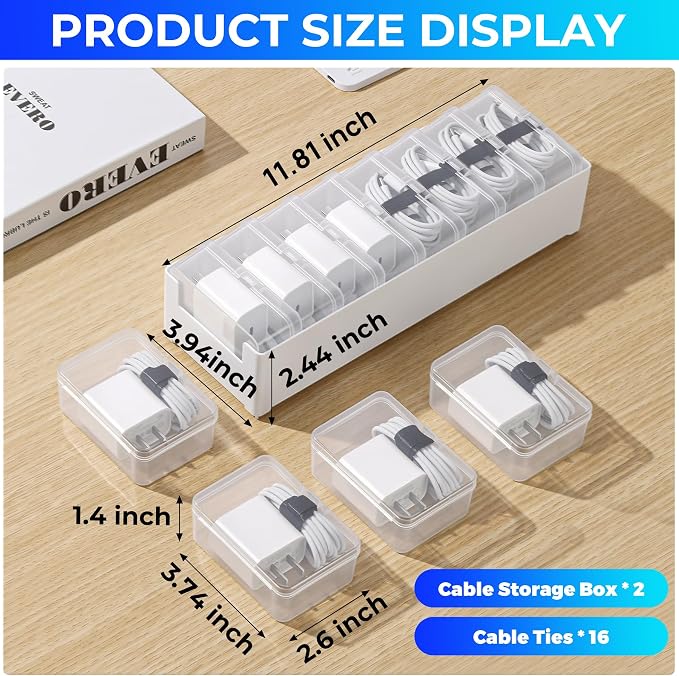 Large Cable Organizer Box with 8 Clear Switch Case, 1 Pack Clear Phone Charger Cable Organizer Box for Home Office Desk Accessories Wire Organization Stationery Supplies (white)