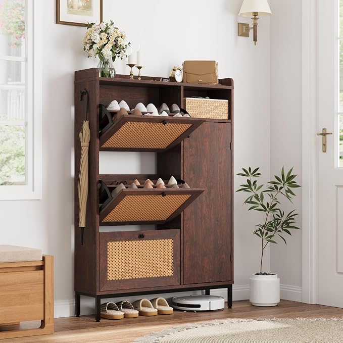 Garvee Shoe Cabinet with 3 Flip Drawers, Freestanding Shoe Organizer with 4-Tier Shoe Storage Cabinet and Adjustable Shelf & Rattan Doors,Narrow Shoe Rack Cabinet for Entryway, Closet, Hallway