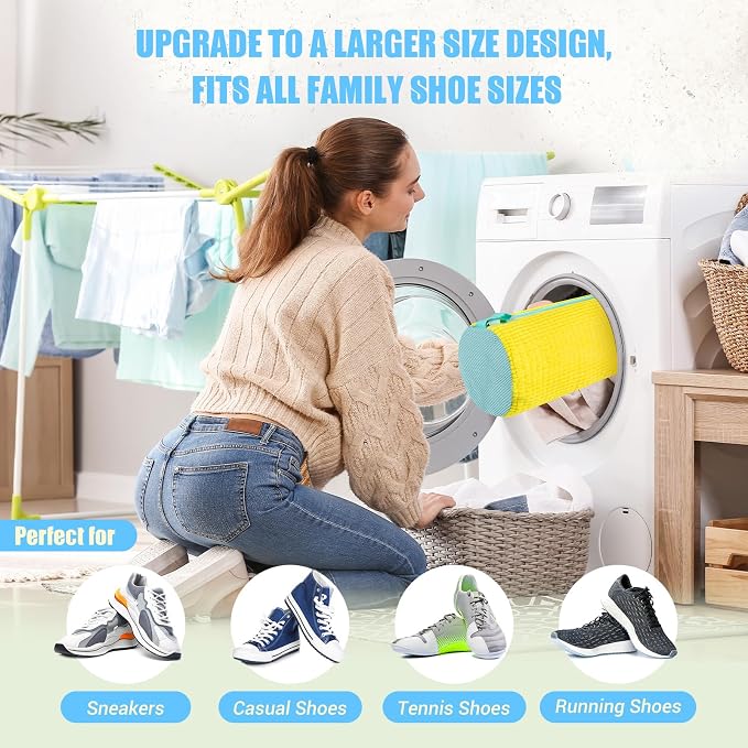 Shoe Washing Machine Bag, 2 PC Reusable XXL Shoes Laundry Bag for Washer & Dryer with Concealed Heavy-Duty Zipper to Protects Shoes & Machine, Cleaning Bag for Sneakers & Tennis Shoe(Yellow)