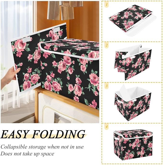CaTaKu Large Fabric Storage Bins With Lids, Floral Pink Rose Storage Boxes With Handles for Organizing Clothes, Collapsible Storage Cube Bins Baskets for Shelves