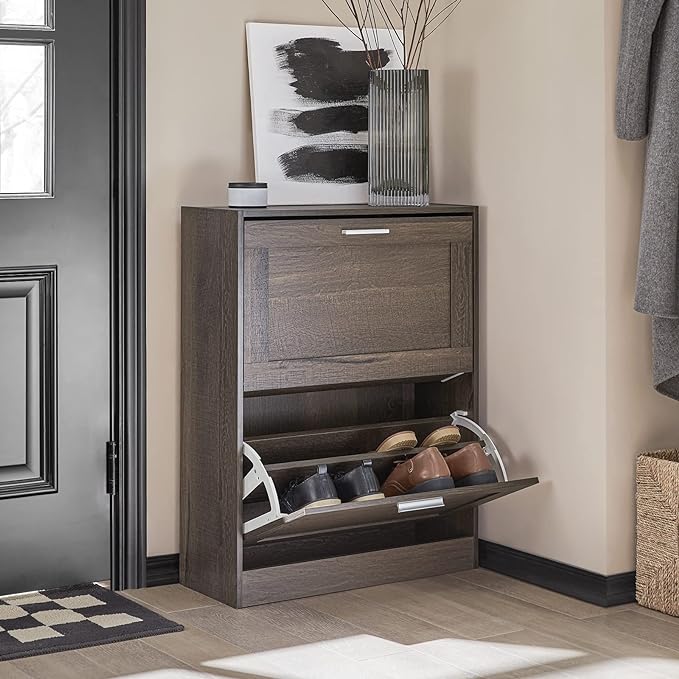 Haotian Shoe Cabinet Storage for Entryway | Narrow Shoe Cabinet with Two Flip Drawers to Save Space, Shoe Rack Cabinet for Front Door Entrance Hallway (Brown)