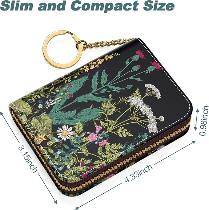 Nipichsha Credit Card Holder, Small RFID Card Wallet for Women, Slim Leather Card Holder Wallet, Credit Card Wallet Organizer, Pocket Business Card Case with Zipper & Keychain, Dandelion