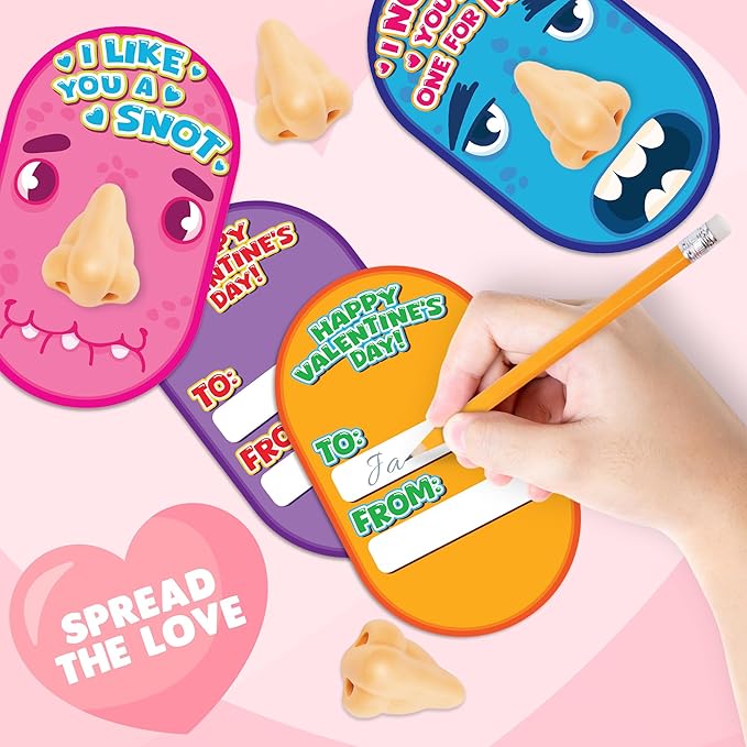 ArtCreativity Funny Nose Pencil Sharpener with Valentines Cards - Set of 28 - Classroom Novelty Gag Prize with 28 Pencils, Glue, I Pick You Nose Designs - Kids Birthday Party Favor and Art Supplies
