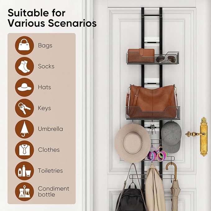Over The Door Purse Organizer, Easy Installation Handbag Rack (Black) | No-Tool Setup | Foldable Space Saver | 12 Adjustable Metal Hooks | Dual Basket Storage | Stable Anti-Tilt Design | Bag Hanger