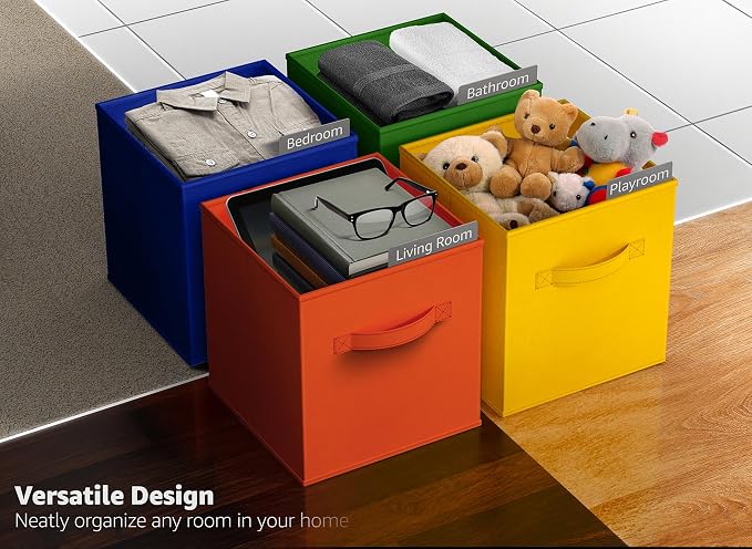 Sorbus 13 Inch Fabric Storage Cubes - Sturdy Collapsible Bins With Handle - 6 Foldable Baskets for Organizing Clothes, Toys, Books - Multi Colored Storage Baskets for Shelves, Kids Room, Closets