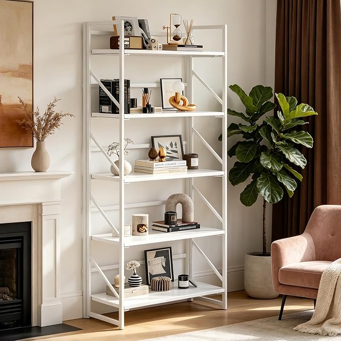 JSB No Assembly Folding Bookshelf, 5 Tier Industrial Metal Book Shelf for Storage, Vintage Wood Foldable Bookcase for Living Room, Bedroom, Office Organization Shelves