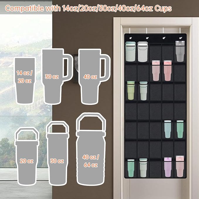 NiHome 35 Pockets Door Hanging Cup Organizer Fit for Stanley Tumbler, Black | Large Capacity Over the Door Water Bottle Organizer in Kitchen, Pantry, Classroom, Elastic Mesh Secure Storage Cup Holder