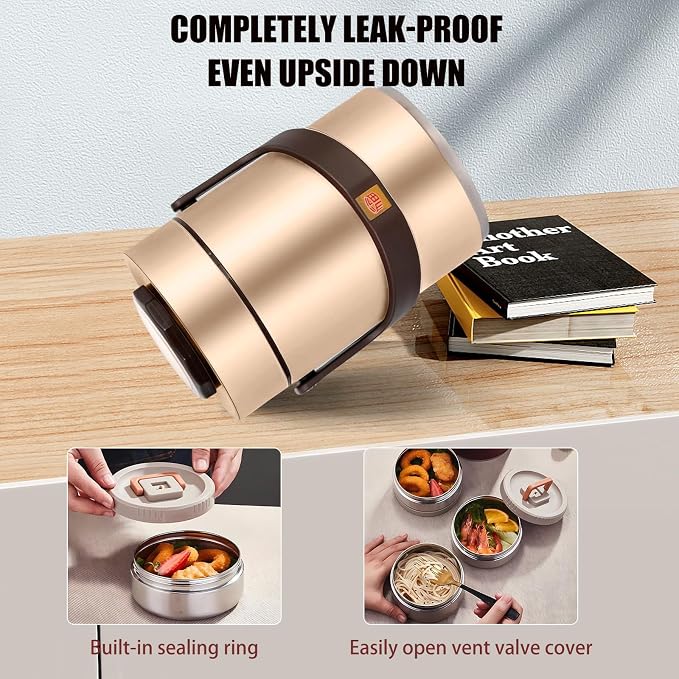 67oz Upgraded Thermos for Hot Food, 3-Layer Stackable Food Thermos, Soup Thermos Jar with Insulated Bag, Ideal for Office, Outdoor Meals, and Various Occasions (67 oz Gold)