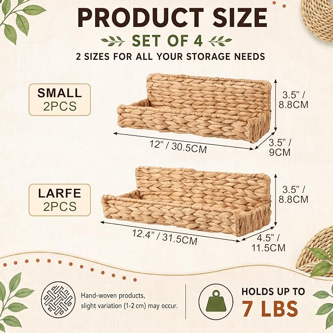 Lineshading 4 Pack Water Hyacinth Magnetic Spice Rack for Refrigerator, Magnetic Shelf for Fridge, Spice Rack, Woven Water Hyacinth, Rustic Boho Kitchen Organizer