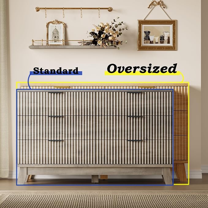 BORNOON 53" Long Dresser for Bedroom, 6-Drawer Dresser with Fluted Fronts, Wide Wood Chest of Drawers, Smooth Metal Slides, Stable Base, Modern Clothes Storage Cabinet for Living Room, Hallway