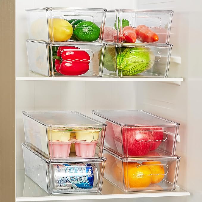 Vtopmart 10pcs Clear Organizers and Storage Bins with Lids, Stackable Plastic Storage Containers with Handles for Fridge, Freezer, Pantry, Cabinet, Kitchen Organization