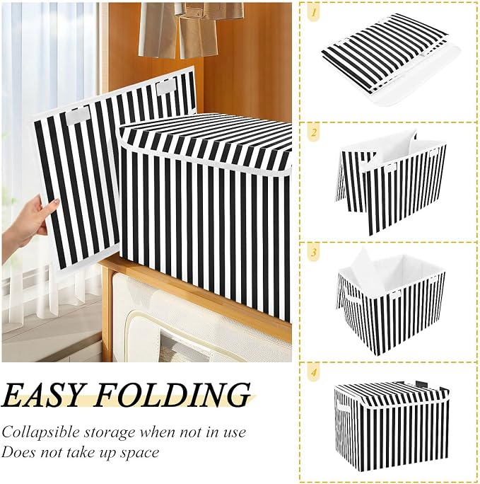 CaTaKu Black and White Striped Storage Bins with Lids Fabric Large Storage Container Cube Basket with Handle Decorative Storage Boxes for Organizing Clothes Shelves