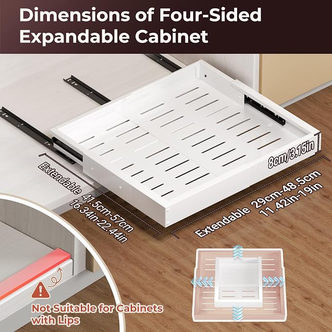 1 Pcs Pull Out Cabinet Organizers, Width (12"-19") and Depth (17"-23") Expandable With 3 Slides, No Drill Slide out Drawers Adhesive Film or Nail Cabinets Without Lip in Kitchen, Bathroom