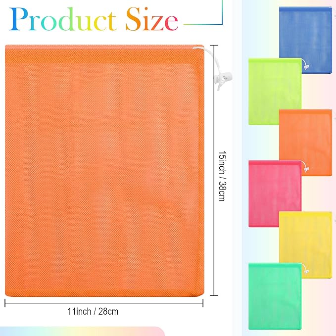 Frienda 6 Pieces Mesh Stuff Sack, 11 x 15 Inch Durable Nylon Drawstring Laundry Bag for Rinsing Beach Toys, Seashell Collecting, Mesh Bags for Travel(Fluorescent Color)