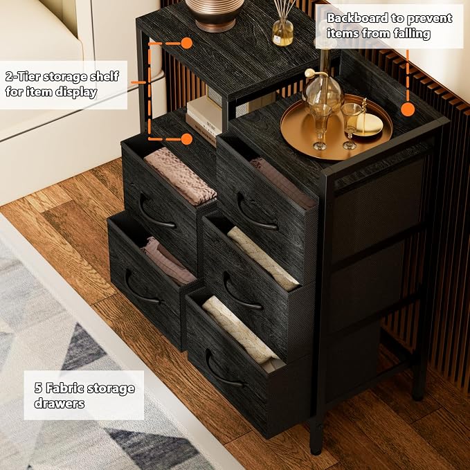 Furnulem Black Dresser for Bedroom, 5 Drawer Small Fabric Closet Dresser | Small Chest of Drawers, Storage Cabinet Organizer with 2 Tier Shelf, Drawer Units with Metal Frame, Dresser for Dorm, Hallway