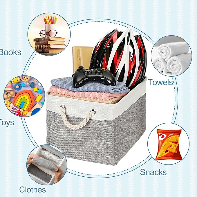 meekoo 8 Pack Collapsible Storage Bins Fabric Storage Bins Polyester Fabric Baskets with Handles Linen Closet Organizer for Shelf Home Closet Towels Toys(15 x 11 x 9.5 in,Gray White)