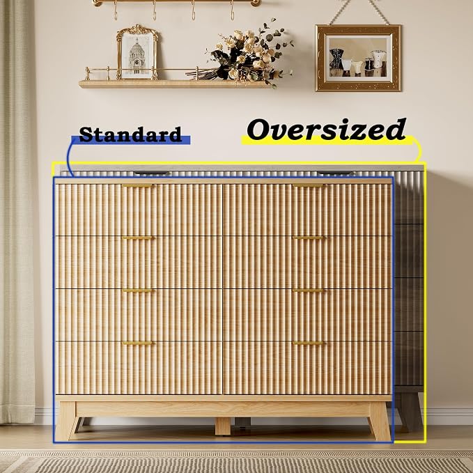 BORNOON 53" Wide Dresser for Bedroom, 8-Drawer Fluted Chest of Drawers, Modern Wood Highboy with Metal Slides and Handles, Anti-Tip Kit, Vertical Clothes Storage Organizer for Apartment, Closet